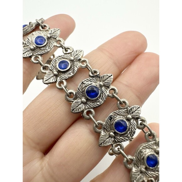 Silver Tone Blue Panel Floral Hamsa Hand Bracelet 7.5” - Picture 3 of 6
